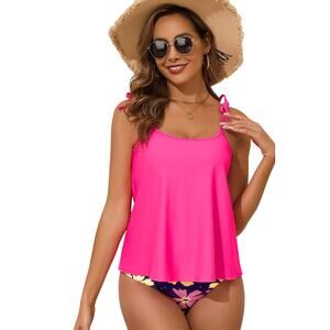 Rose Red Tie Shoulder Floral Print Tankini Set New